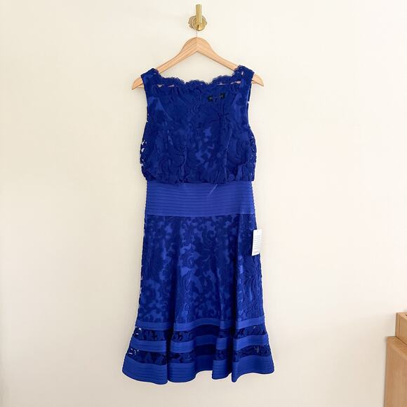 Tadashi Shoji Embroidered Lace Blouson Waist Dress Marna Blue 8 - Picture 1 of 14